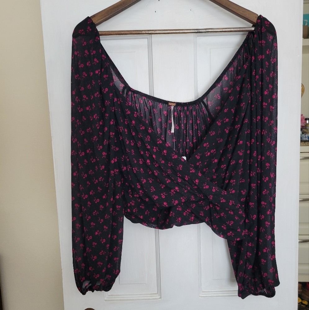 Free People Black Midnight Fuschia Blouse with Pink Floral Design